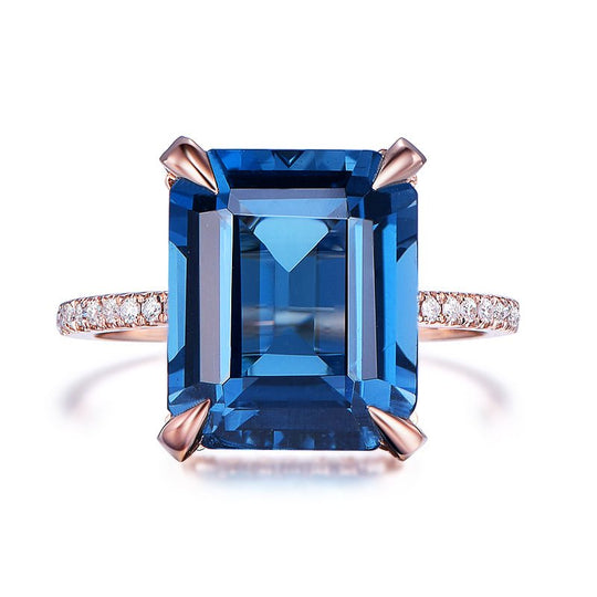 3-7.5ct Emerald Cut London Blue Topaz Diamond Hidden Halo Engagement Ring