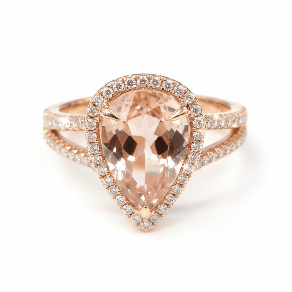 3 Carat Pear Morganite & Diamond Halo Engagement Ring in 14K Rose Gold – Split Shank Design - Lord of Gem Rings