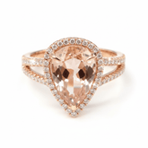 3 Carat Pear Morganite & Diamond Halo Engagement Ring in 14K Rose Gold – Split Shank Design - Lord of Gem Rings