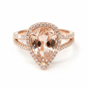 3 Carat Pear Morganite & Diamond Halo Engagement Ring in 14K Rose Gold – Split Shank Design - Lord of Gem Rings