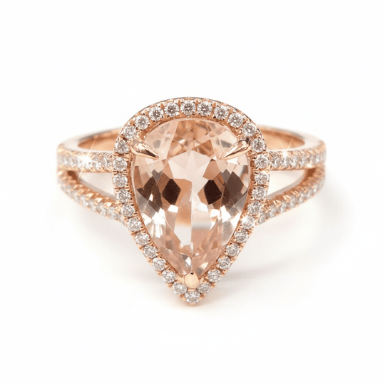 3 Carat Pear Morganite & Diamond Halo Engagement Ring in 14K Rose Gold – Split Shank Design