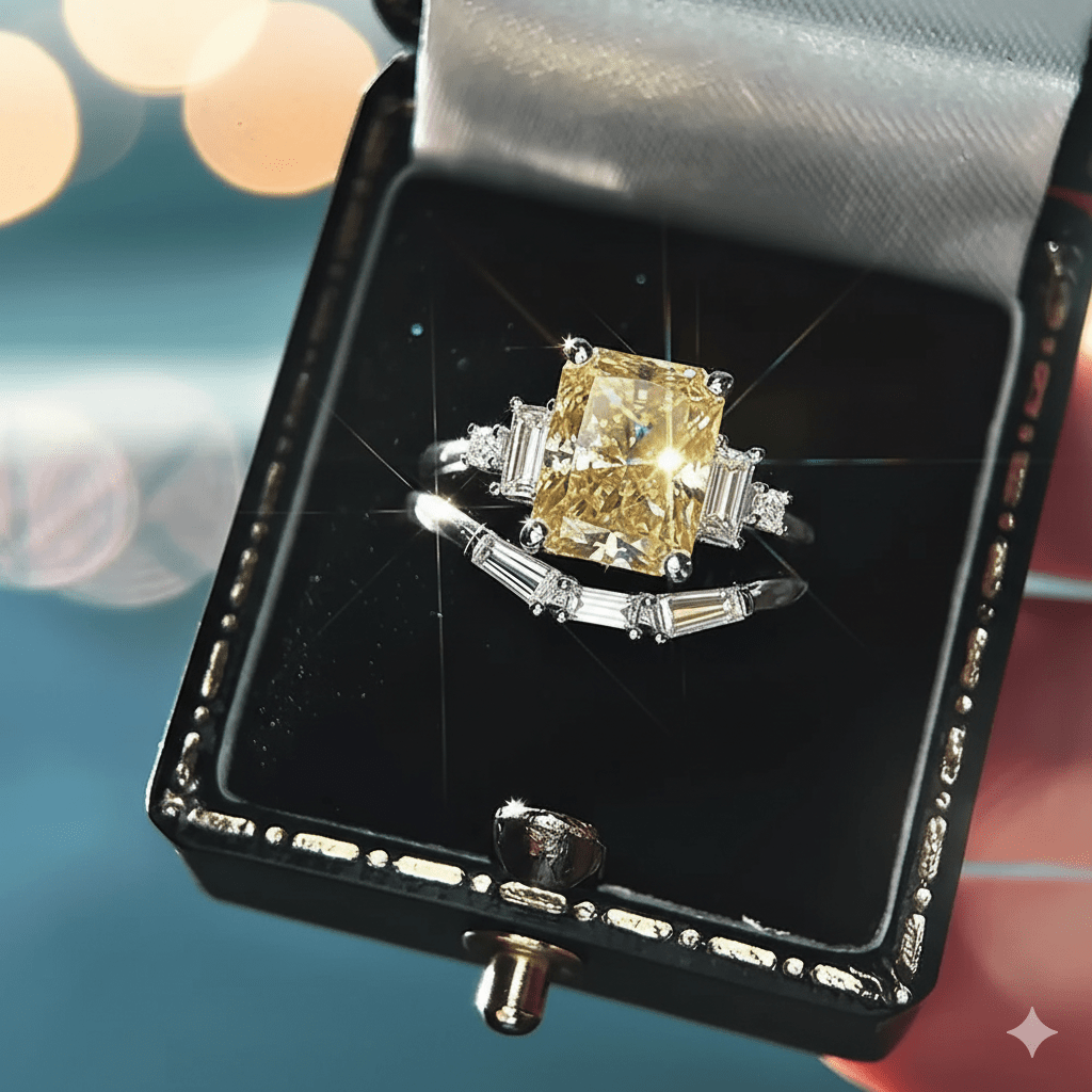 3 Carat Radiant Cut Moissanite Engagement Wedding Ring Set in 14K Gold - Elongé Nova - Lord of Gem Rings