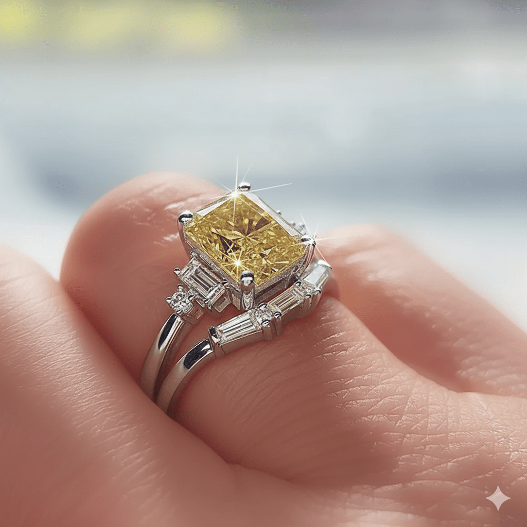 3 Carat Radiant Cut Moissanite Engagement Wedding Ring Set in 14K Gold - Elongé Nova - Lord of Gem Rings