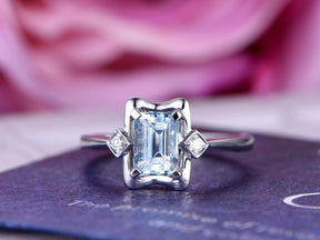 3-Stone Emerald Cut Aquamarine Diamond Square Ring 14K White Gold - Lord of Gem Rings