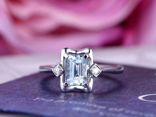 3-Stone Emerald Cut Aquamarine Diamond Square Ring 14K White Gold