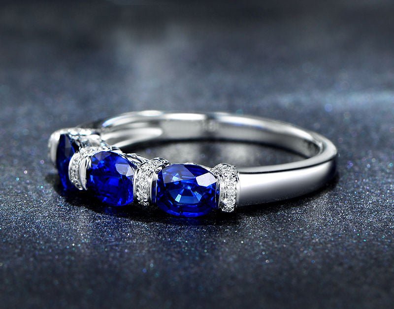 3-Stone Oval Blue Sapphire Diamond September Birthstone Band - Lord of Gem Rings