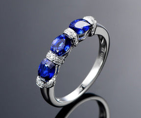 3-Stone Oval Blue Sapphire Diamond September Birthstone Band - Lord of Gem Rings
