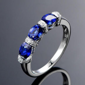 3-Stone Oval Blue Sapphire Diamond September Birthstone Band - Lord of Gem Rings