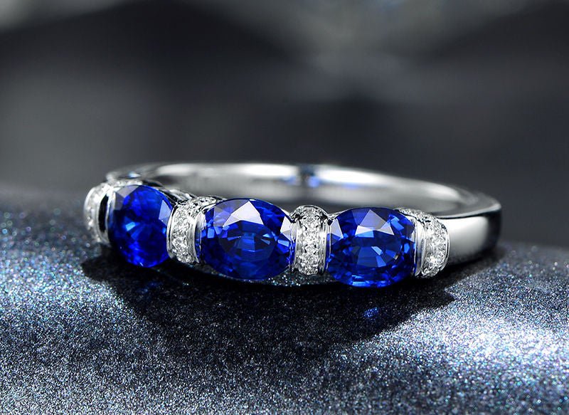 3-Stone Oval Blue Sapphire Diamond September Birthstone Band - Lord of Gem Rings