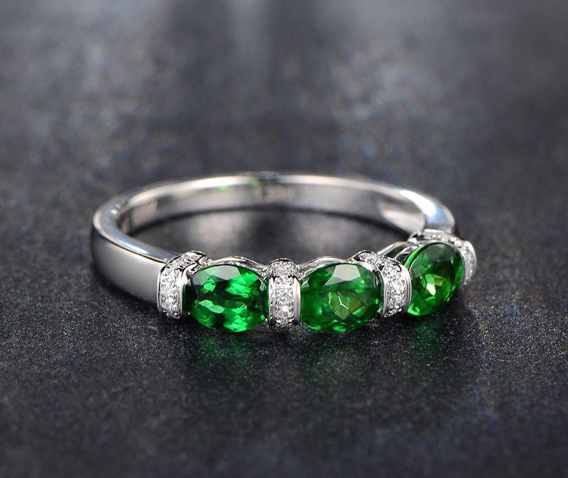 3-Stone Oval Tsavorite(Garnet) Diamond January Birthstone Band - Lord of Gem Rings