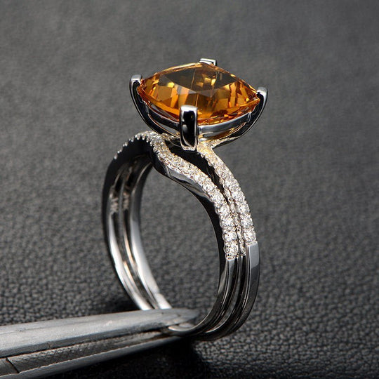 3.5ct Cushion Citrine Diamond Curved Bridal Set 14K White Gold