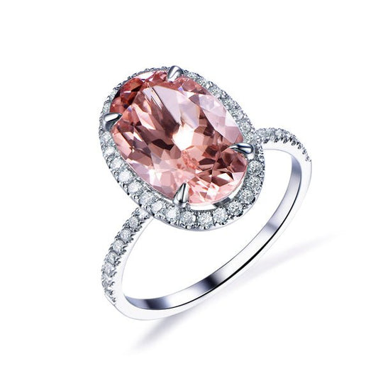 3.5ct Elongated Oval Morganite Ring Diamond Halo 14K White Gold