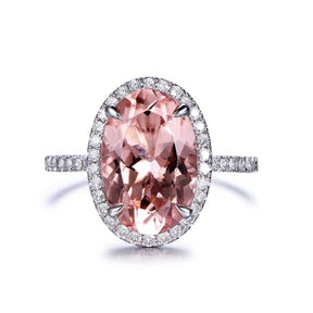 3.5ct Elongated Oval Morganite Ring Diamond Halo 14K White Gold - Lord of Gem Rings