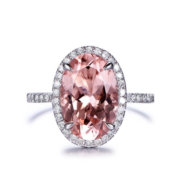 3.5ct Elongated Oval Morganite Ring Diamond Halo 14K White Gold - Lord of Gem Rings