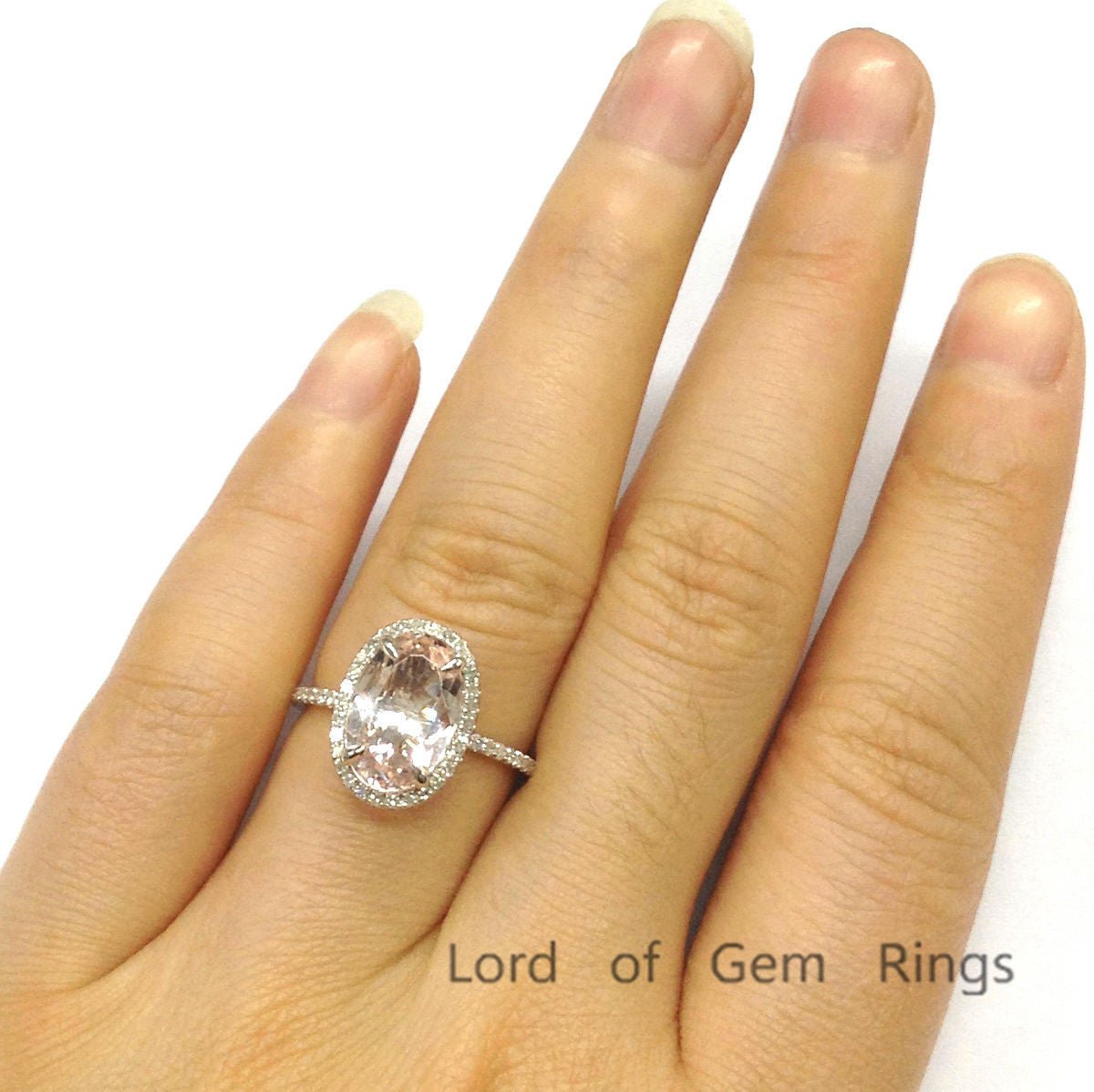 3.5ct Elongated Oval Morganite Ring Diamond Halo 14K White Gold - Lord of Gem Rings