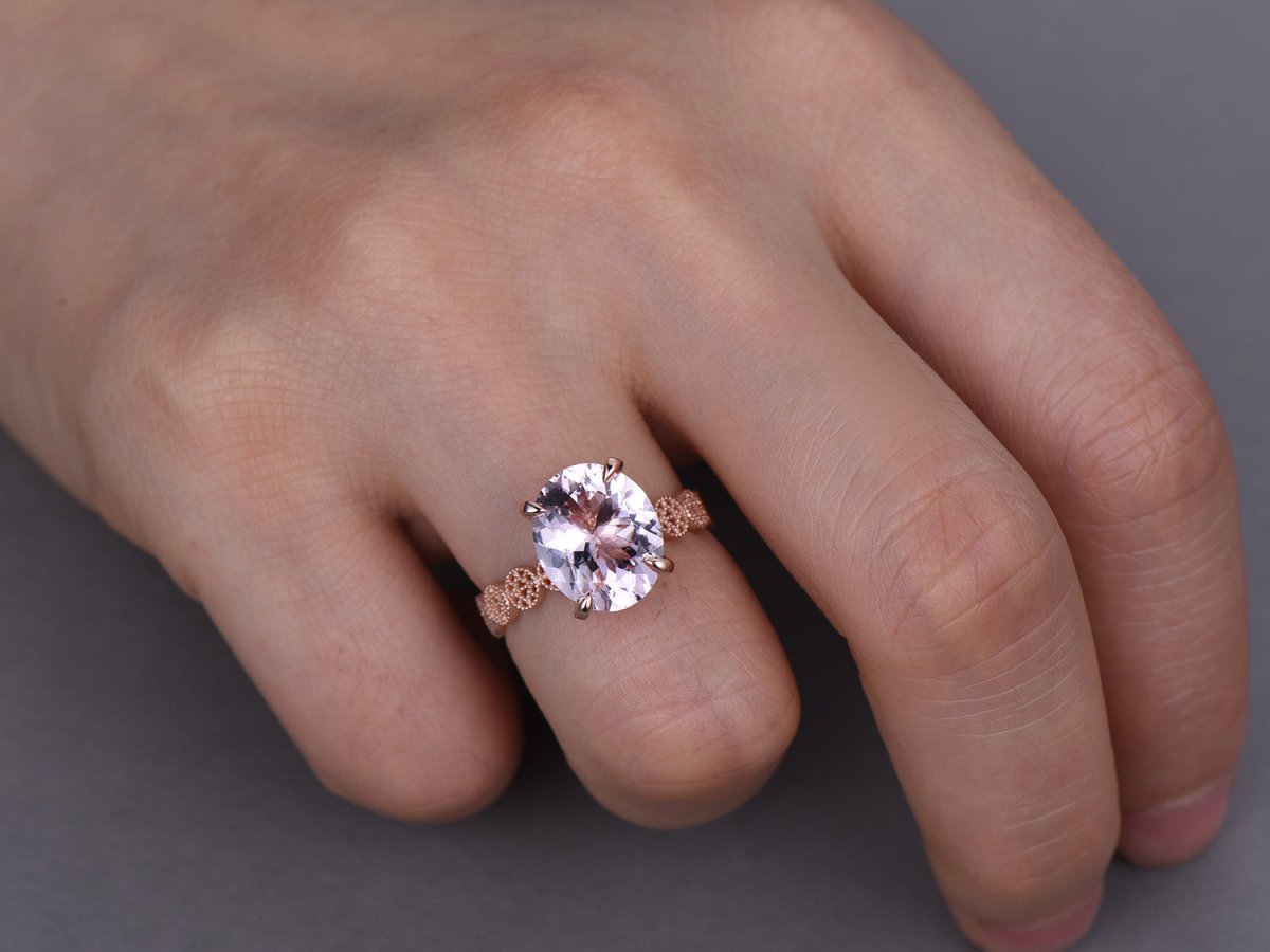 3.5ct Oval Morganite Engagement Ring Milgrain Filigree Shank 14K Rose Gold - Lord of Gem Rings