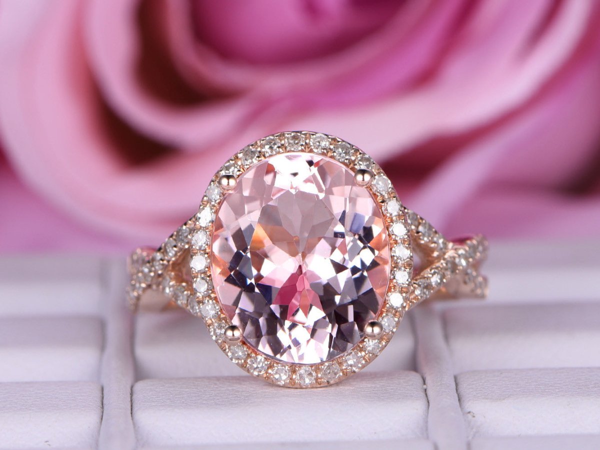 3.5ct Oval Morganite Infinite Love Ring Diamond Accents 14K Rose Gold - Lord of Gem Rings