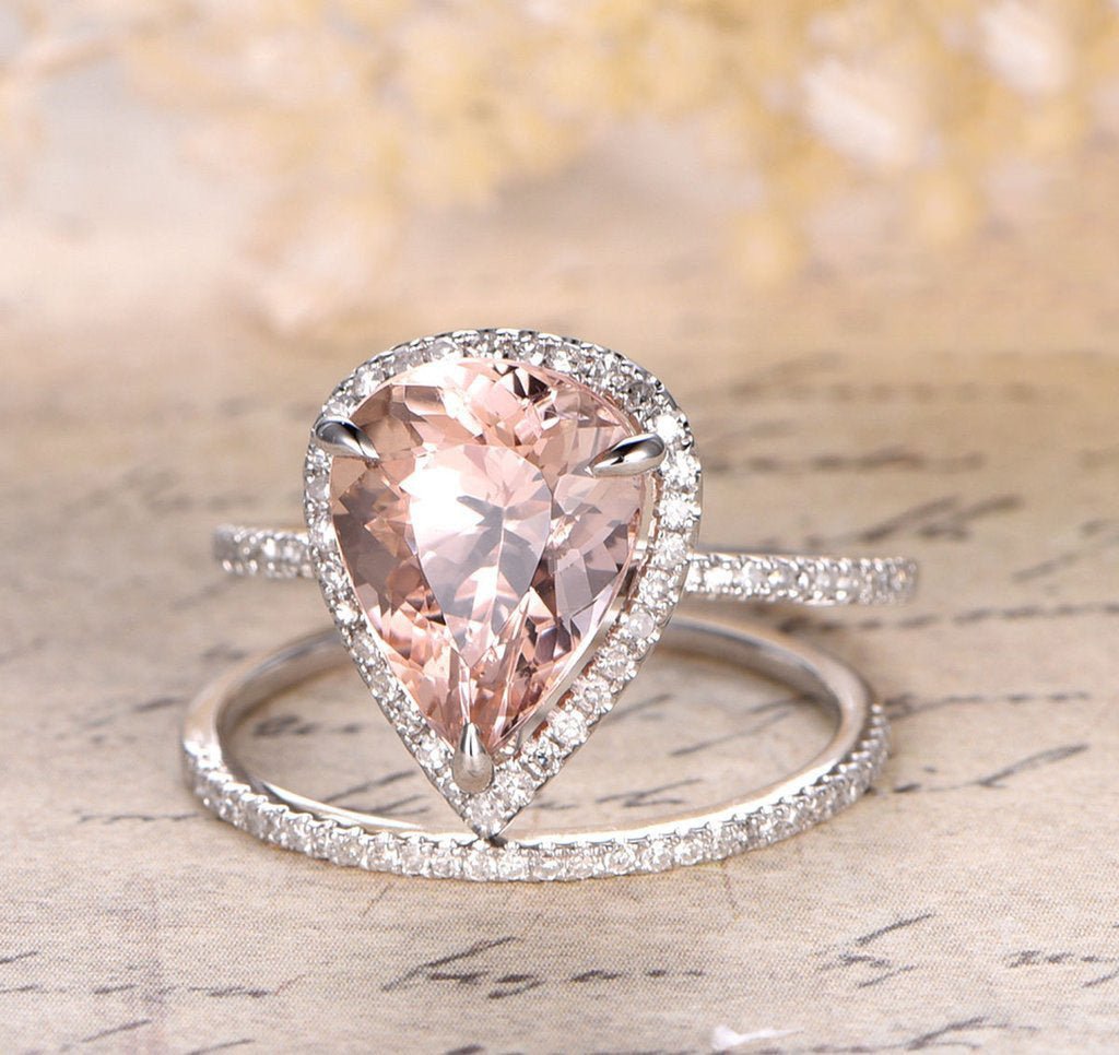 3.5ct Pear Morganite Diamond Halo with Accents Bridal Set - Lord of Gem Rings