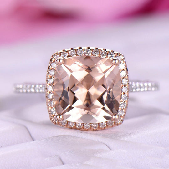 3.6ct Cushion Morganite Cathedral Ring Diamond Halo in 14K Two Tone Gold