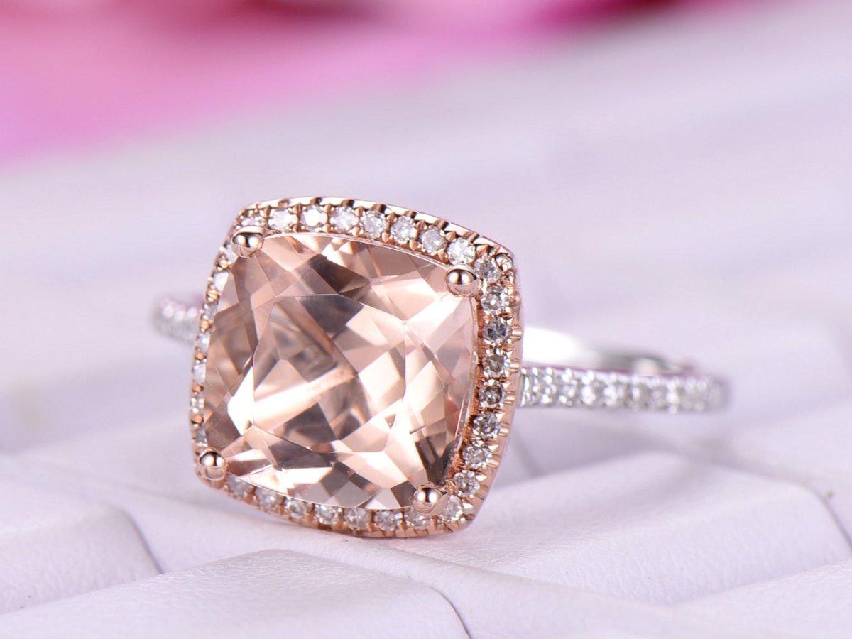 3.6ct Cushion Morganite Cathedral Ring Diamond Halo in 14K Two Tone Gold - Lord of Gem Rings