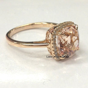 3.6ct Cushion Morganite Ring Diamond Halo 14K Rose Gold - Lord of Gem Rings