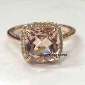 3.6ct Cushion Morganite Ring Diamond Halo 14K Rose Gold - Lord of Gem Rings