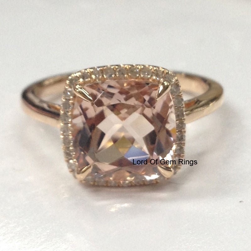 3.6ct Cushion Morganite Ring Diamond Halo 14K Rose Gold - Lord of Gem Rings