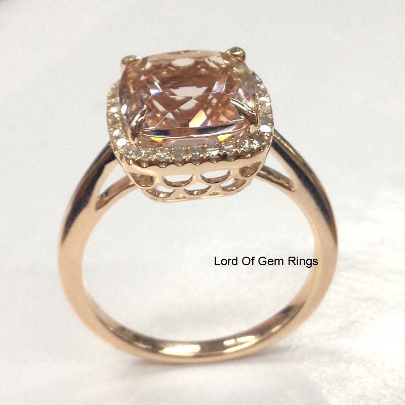 3.6ct Cushion Morganite Ring Diamond Halo 14K Rose Gold - Lord of Gem Rings