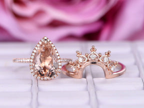 Reserved for Orlando- 8x12mm Pear Morganite Ring Diamond Tiara Wedding Bridal Set