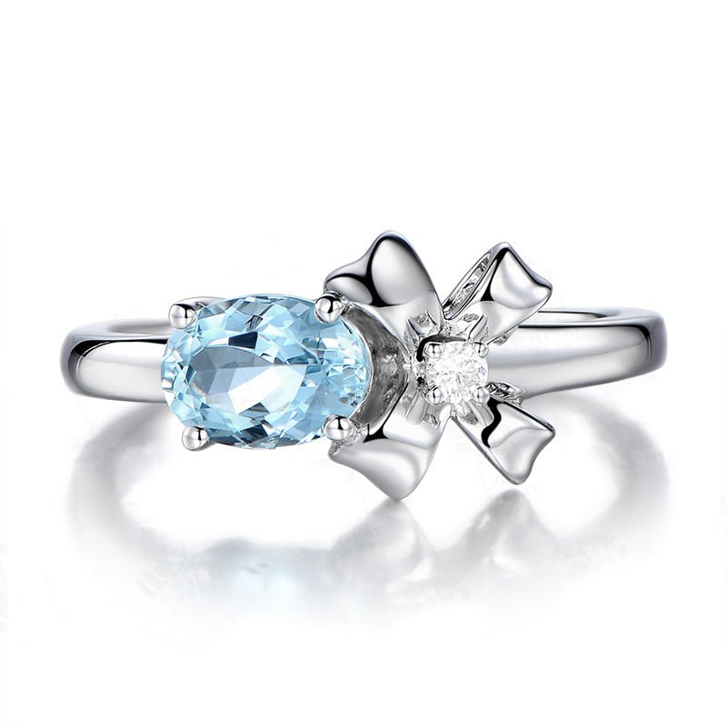 3A Oval Aquamarine Bow Ring 18K White Gold - Lord of Gem Rings