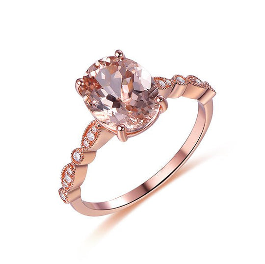 3ct Art Deco Oval Morganite Diamond Ring 14K Rose Gold