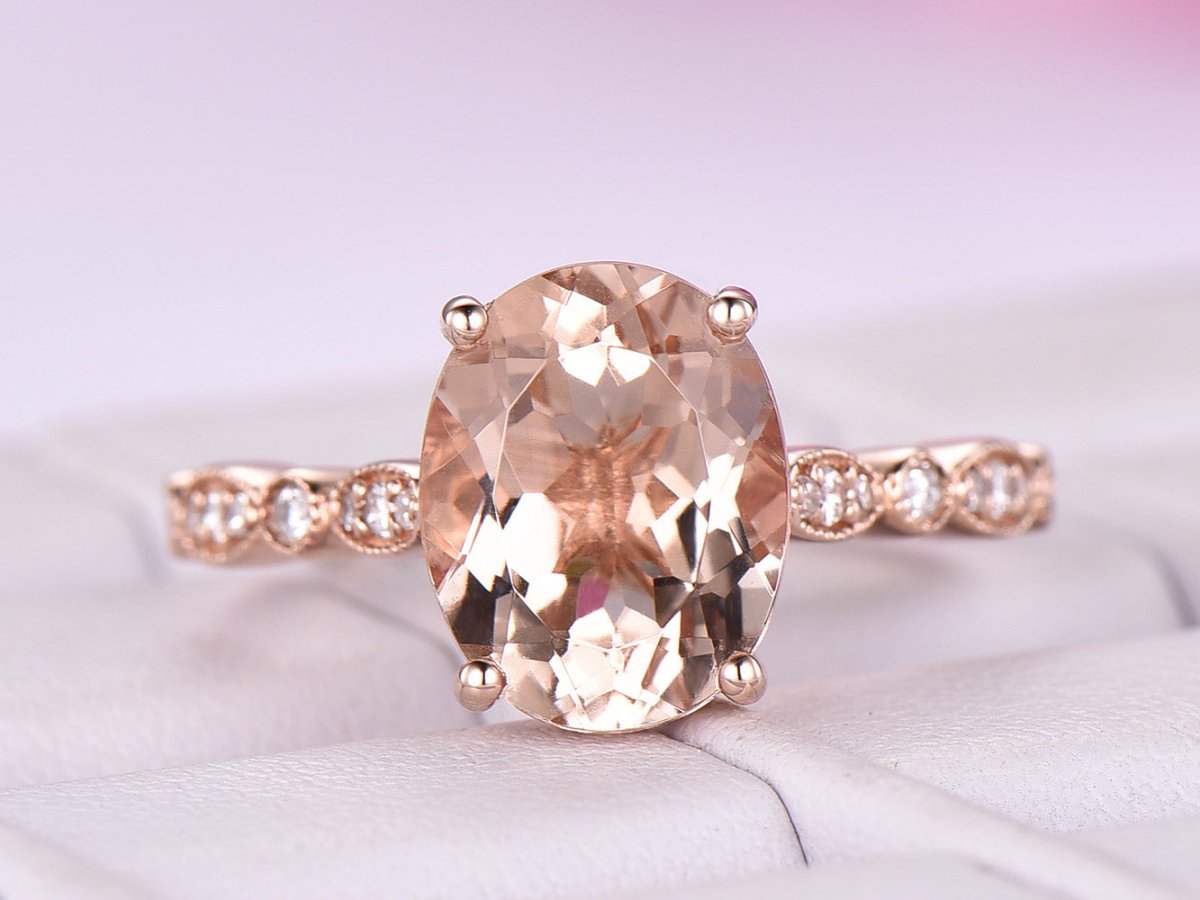 3ct Art Deco Oval Morganite Diamond Ring 14K Rose Gold - Lord of Gem Rings