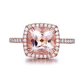 3ct Cushion Morganite Engagement Ring Diamond Halo 14K Gold,Double Prong - Lord of Gem Rings