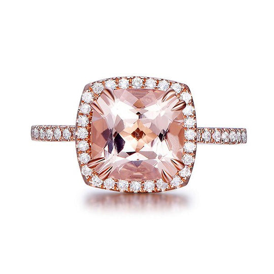 3ct Cushion Morganite Engagement Ring Diamond Halo 14K Gold,Double Prong