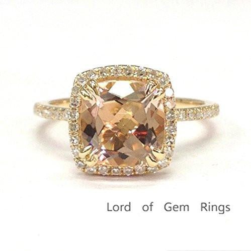 3ct Cushion Morganite Engagement Ring Diamond Halo 14K Gold,Double Prong - Lord of Gem Rings