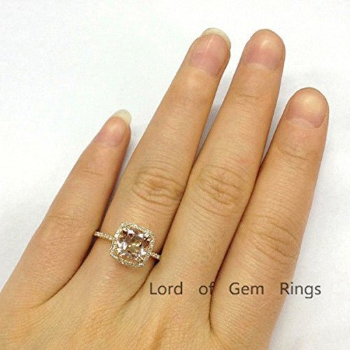3ct Cushion Morganite Engagement Ring Diamond Halo 14K Gold,Double Prong - Lord of Gem Rings