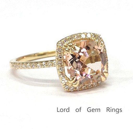 3ct Cushion Morganite Engagement Ring Diamond Halo 14K Gold,Double Prong - Lord of Gem Rings