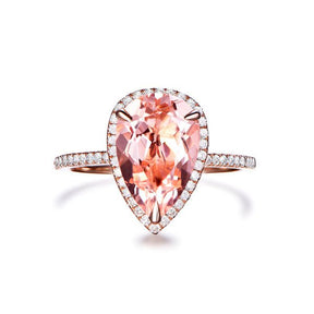 3ct Elongated Pear Morganite Ring Accent Diamond Halo 14K Rose Gold - Lord of Gem Rings