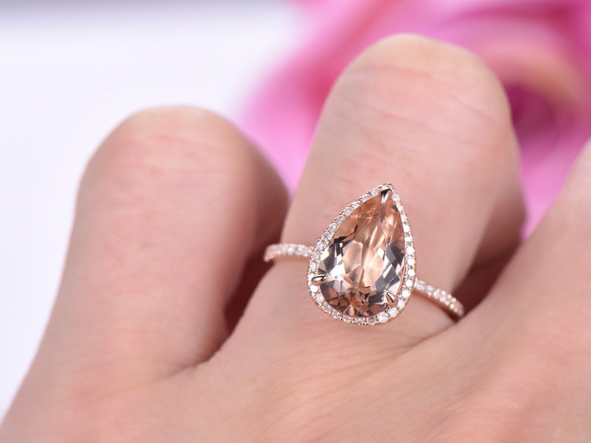 3ct Elongated Pear Morganite Ring Accent Diamond Halo 14K Rose Gold - Lord of Gem Rings