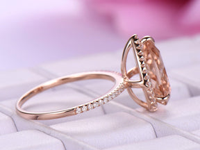 3ct Elongated Pear Morganite Ring Accent Diamond Halo 14K Rose Gold - Lord of Gem Rings