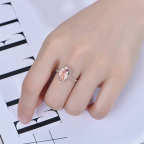 3ct Elongated Pear Morganite Ring Accent Diamond Halo 14K Rose Gold - Lord of Gem Rings
