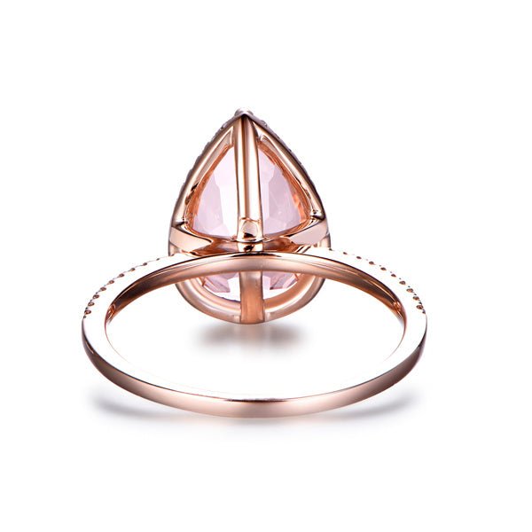 3ct Elongated Pear Morganite Ring Accent Diamond Halo 14K Rose Gold - Lord of Gem Rings