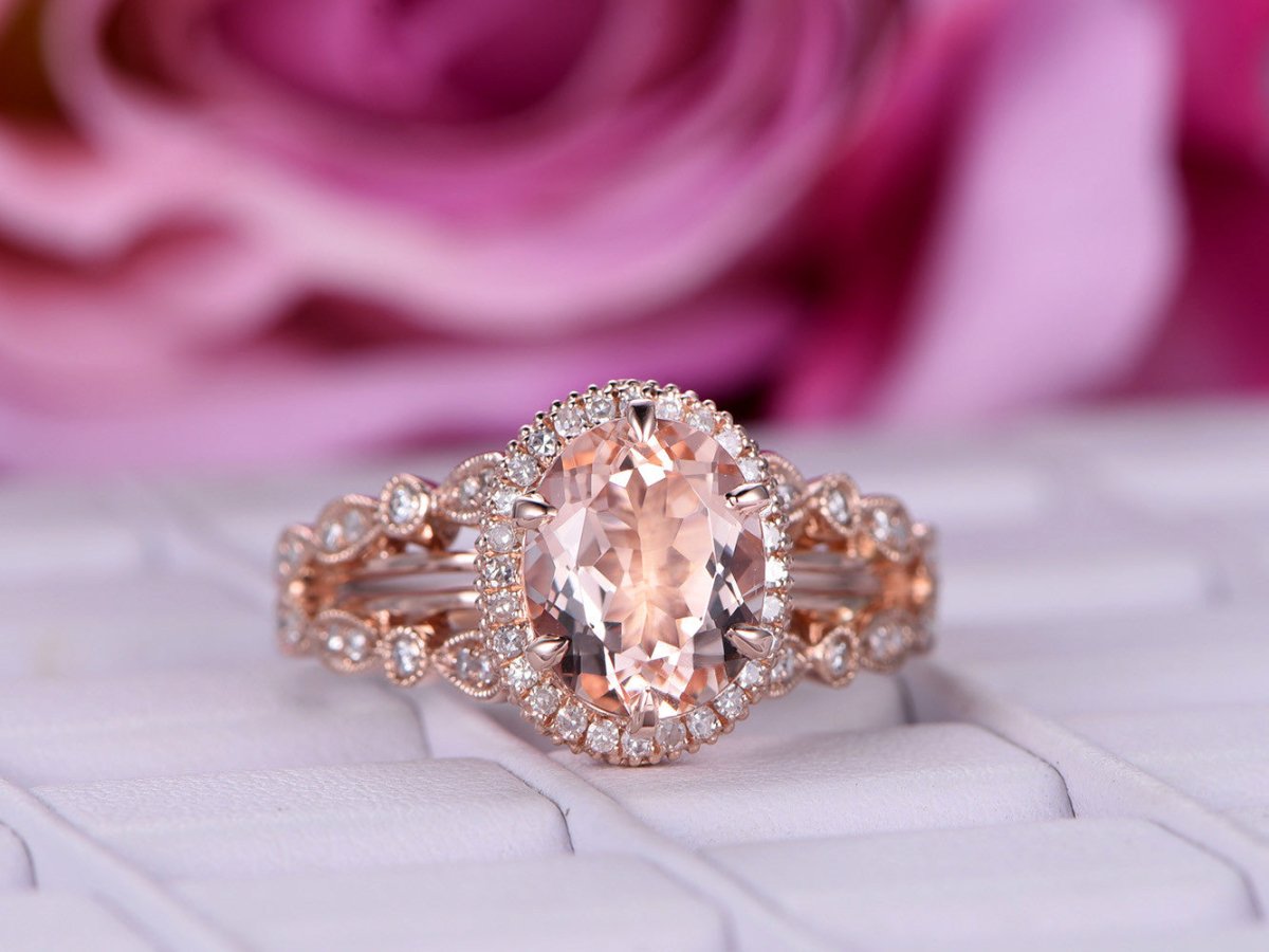 3ct Oval Morganite Cathedral Ring Diamond Split Shank Milgrain Under Gallery - Lord of Gem Rings