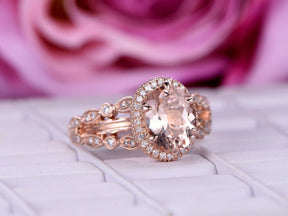 3ct Oval Morganite Cathedral Ring Diamond Split Shank Milgrain Under Gallery - Lord of Gem Rings