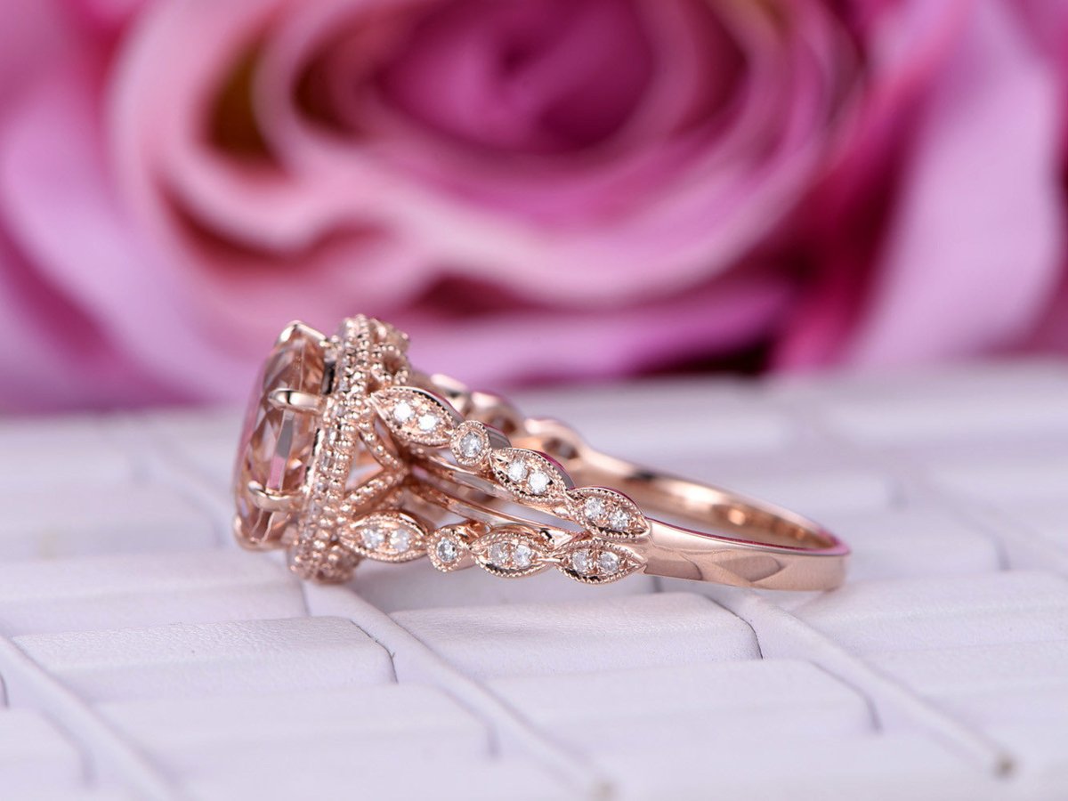 3ct Oval Morganite Cathedral Ring Diamond Split Shank Milgrain Under Gallery - Lord of Gem Rings