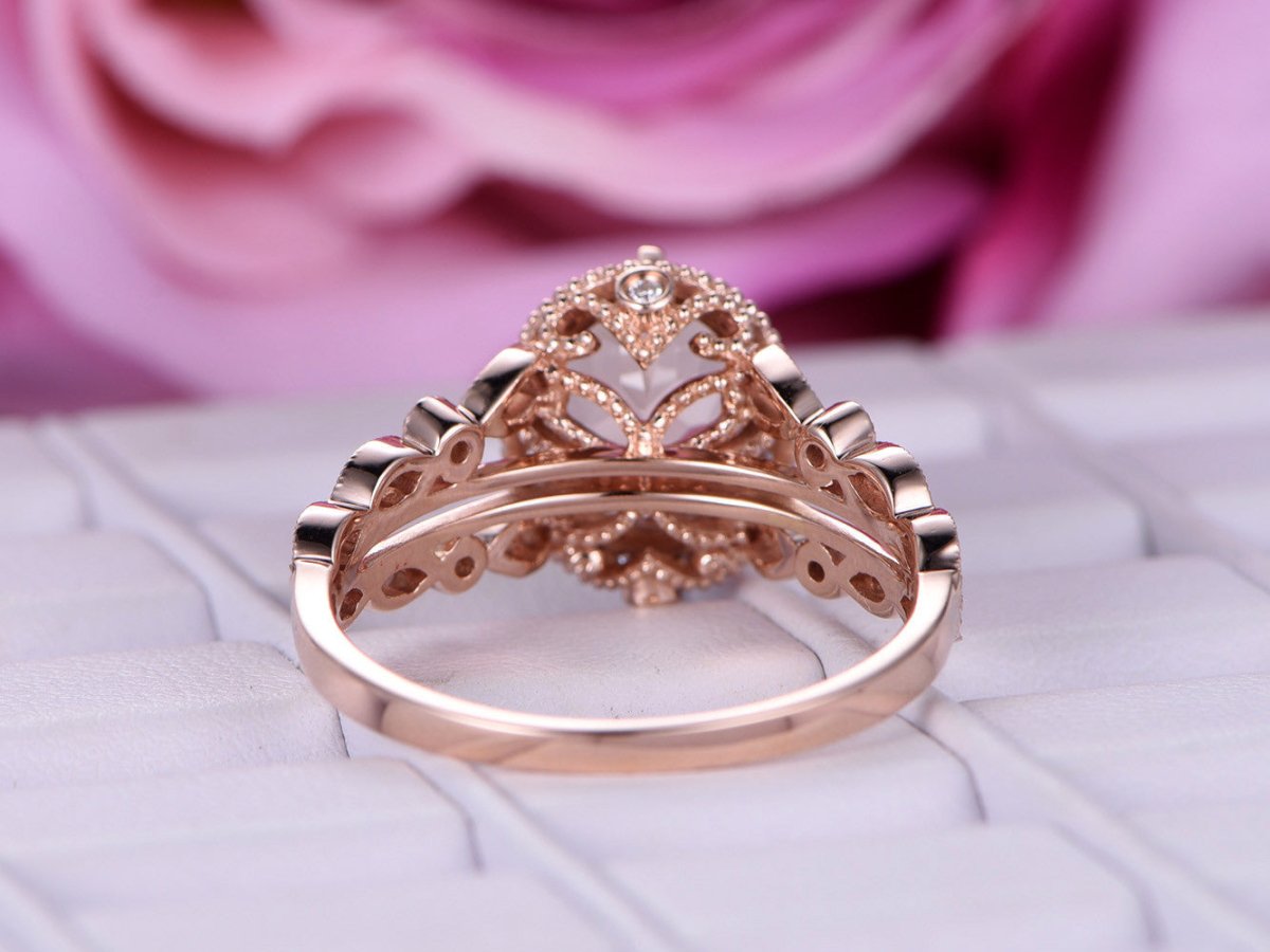 3ct Oval Morganite Cathedral Ring Diamond Split Shank Milgrain Under Gallery - Lord of Gem Rings