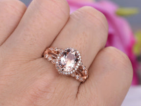 3ct Oval Morganite Cathedral Ring Diamond Split Shank Milgrain Under Gallery - Lord of Gem Rings