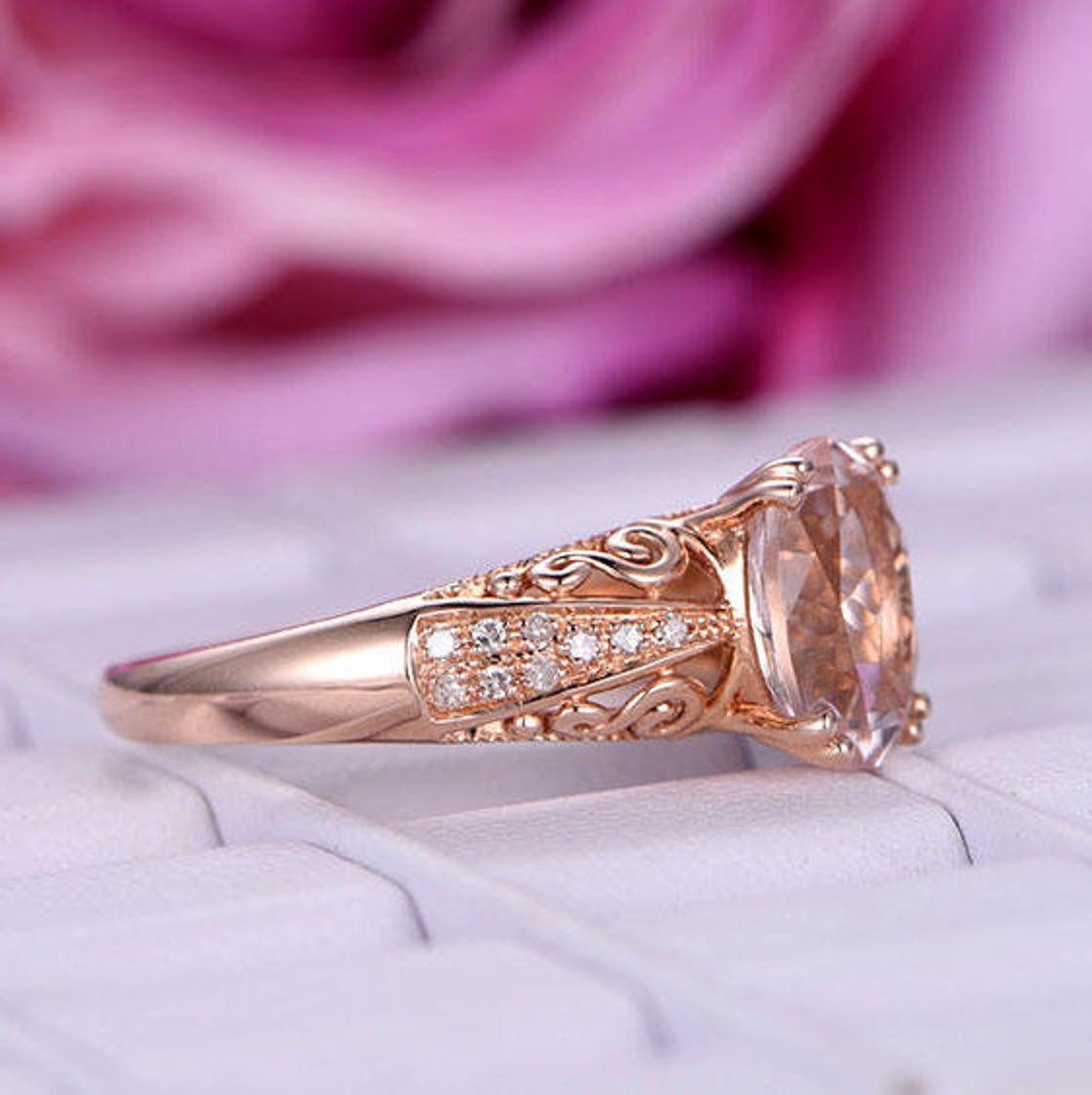 3ct Oval Morganite Diamond Celtic Filigree Ring 14K Rose Gold - Lord of Gem Rings