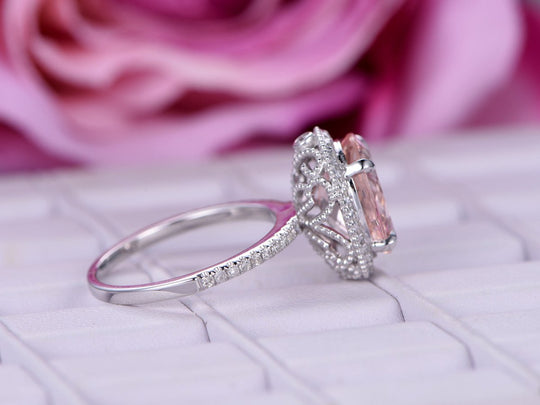 3ct Oval Morganite Engagement Ring Diamond Halo Milgrain under Gallery
