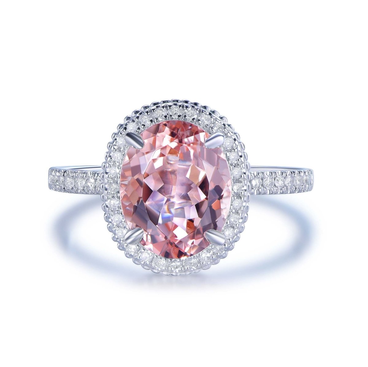 3ct Oval Morganite Engagement Ring Diamond Halo Milgrain under Gallery - Lord of Gem Rings